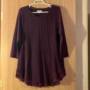 Eggplant purple crochet and lace trim pull over sweater size L